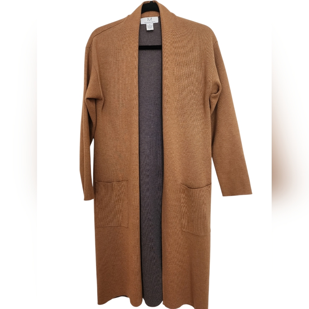 Magaschoni Tan Gray Open Front Knit Duster Coat SZ Medium - Picture 1 of 7